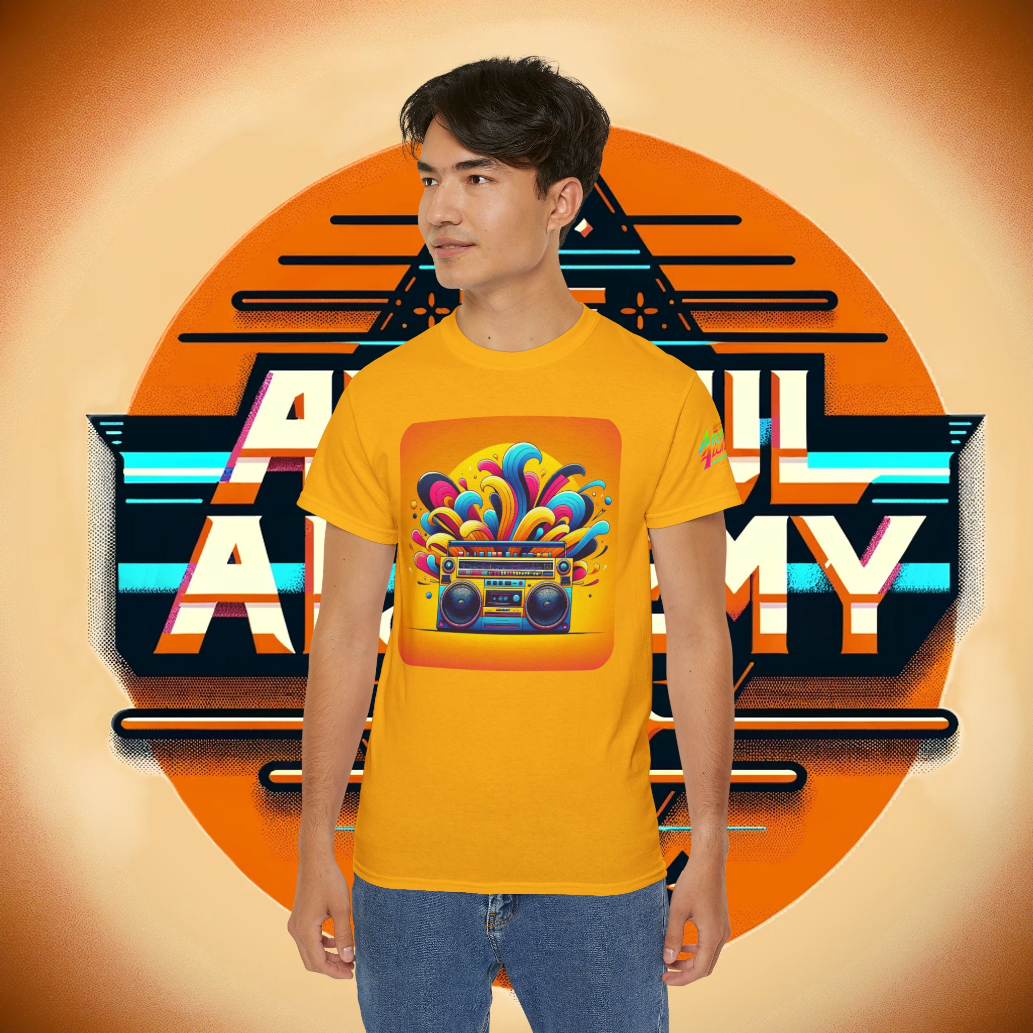 Retro Vibes Designer T shirt Unisex 90s Style Boombox Graphic Tee Vintage Music Vibrant Summer