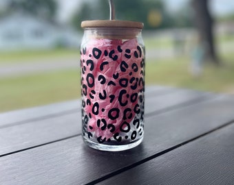 Leopard print glass 16oz cup with straw