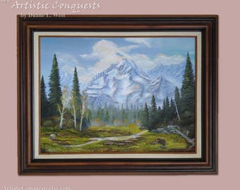 ORIGINAL Oil Painting - Rustic Pacific Northwest Sawtooth Mountains, Idaho / Forest Landscape, Bear Cub / Western Living Room Decor - 18x24"