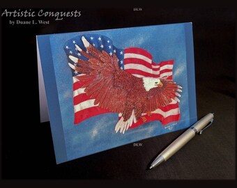 GREETING CARD - Patriotic Bald Eagle, American Flag Card / Memorial, Veterans Day, 4th of July / Military Retirement / Fine Art Card - 5x7"