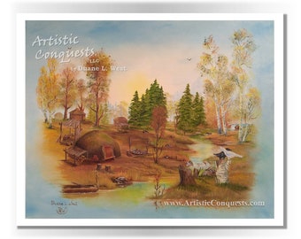 PRINT - Native American Cherokee Camp Landscape / Autumn Forest Landscape Painting / Shaman, Black, White Ravens / Fall Decor - 11x14"