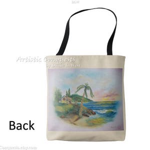 May include: A beige tote bag with black handles. The bag features a painting of a beach scene with a small house, palm trees, and ocean waves. The text "Artistic Conquests by Dianne L. West" is printed on the bag.