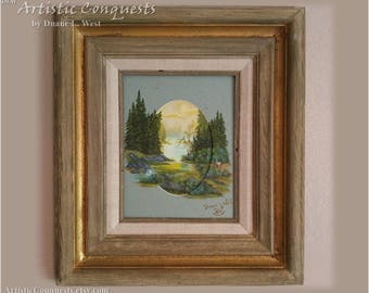 Original Oil Painting: Rustic Lake Landscape, Golden Sunrise (Framed 8x10")