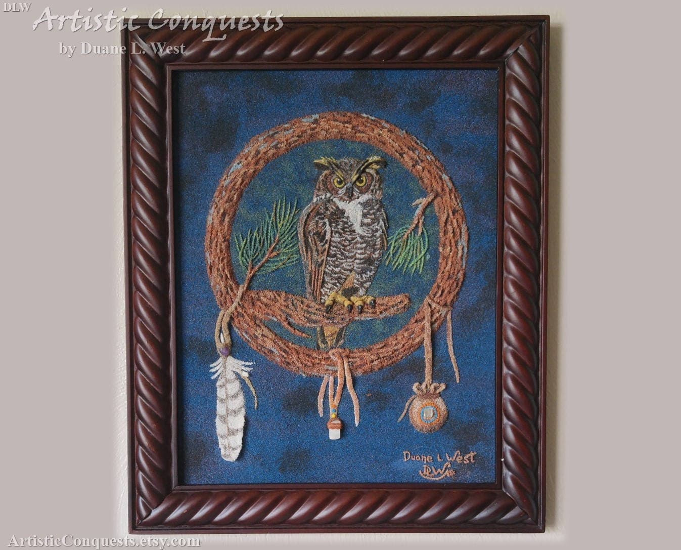 Framed Owl Sand Sculpture: Native American Medicine Wheel Art, Gemstones (11x14")