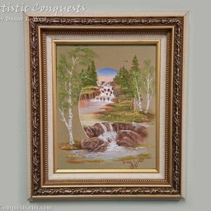 ORIGINAL Oil Painting - Mountain Stream, Waterfall Landscape, Rushing River Art / Forest Scene / Rustic Gift for Her - Framed 8x10 Miniature