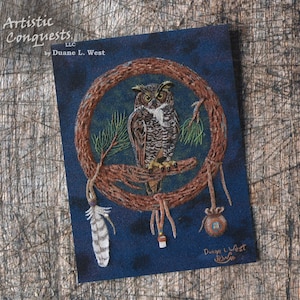 May include: A brown and tan owl with yellow eyes is perched on a branch inside a brown dreamcatcher with a white feather and a brown pouch hanging from it. The background is a dark blue color. The image is signed "Duane L. West".