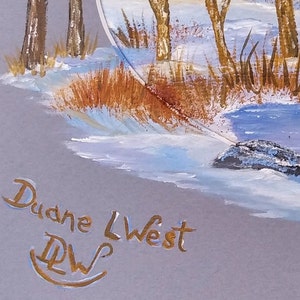 May include: A painting of a winter scene with trees, snow, and a body of water. The painting is signed "Duane L West" in gold paint.