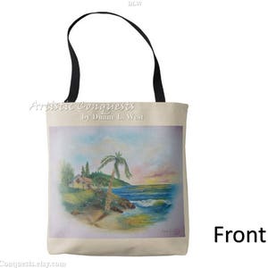 May include: A white tote bag with black handles features a painting of a beach scene with a palm tree, a small house, and a blue ocean. The text "Artistic Conquests by Dianne L. West" is printed on the bag.
