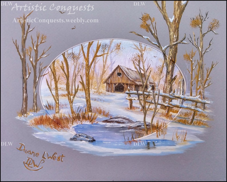 May include: A painting of a winter scene with a wooden cabin in the background, a small stream in the foreground, and trees covered in snow. The painting is framed in an oval shape and has the artist's signature, "Duane West", in the bottom left corner.