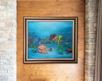 Sereias Brincando com Tesouros: Pintura a Óleo Original emoldurada (20x24)