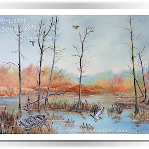 Entenjagd Kunstdruck: Herbst Sumpf Landschaft, Rustikale Natur Dekor (45x60 cm)