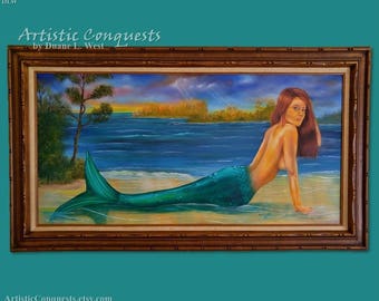 ORIGINAL Oil Painting - Redhead Mermaid Sitting on Beach / James River, Virginia Painting / Beach, Landscape, Fantasy Art - Framed, 24x48"