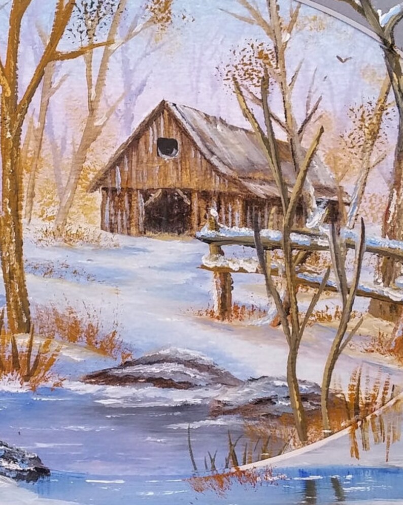 May include: A painting of a wooden barn with a snow-covered roof in a winter scene. The barn is in a forest with bare trees and a small wooden bridge over a frozen stream.