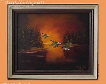 ORIGINAL Oil Painting - Flying Canadian Geese / Pacific Northwest Lakefront Landscape Art / Orange, Yellow Sunset / Rustic Living Room Decor