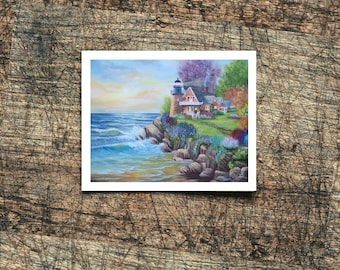 Leuchtturm am Meer Print: Sonnenaufgang am Felsstrand (45x60 cm)