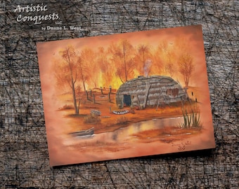 Personalized GREETING CARD - Native American Powhatan Village Art / Shaman / Autumn Landscape / Indigenous People, Thanksgiving Card - 5x7"