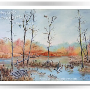 Kunstdruck einer Stockente bei der Jagd: Rustikale Sumpflandschaft im Herbst