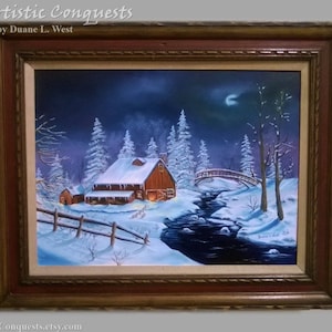 Original Oil Painting: Winter Barn Landscape, Framed Rustic Ranch Decor (18x24&quot;)
