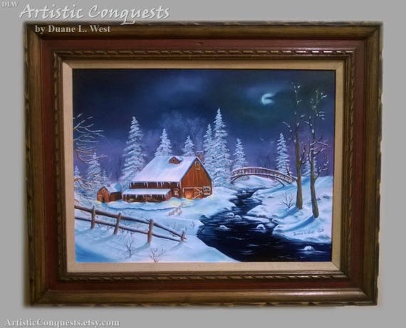 Original Oil Painting: Winter Barn Landscape, Framed Rustic Ranch Decor (18x24")