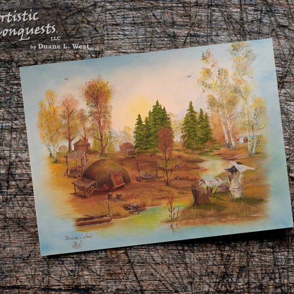 Personalized GREETING CARD - Native American Cherokee Indian Village / Shaman, Ravens / Fine Art Autumn Landscape Thanksgiving Card - 5x7"