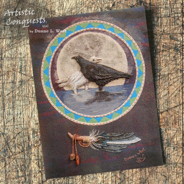 Personalized Raven Native American Animal Spirit Medicine Wheel GREETING CARD / Raven Fine Art Card / Get Well, Grief, Healing Card - 5x7