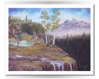 Op de afbeelding: Een schilderij van een landschap met een waterval, een meer, bomen en bergen op de achtergrond. De lucht is blauw met witte wolken. Het schilderij is rechtsonder getekend met "Donaldsof".