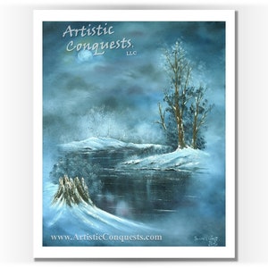 PRINT - Blue Full Moon Winter Night Fine Art Print / Winter Forest, River Landscape / Blue Bedroom, Office Decor / Winter Decor - 18x24&quot;