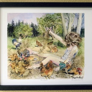 May include: Watercolor painting in a black frame depicts a person among chickens in a natural setting. The artwork features a variety of chickens, trees, and a person in a light blue tank top. The painting is signed and dated.