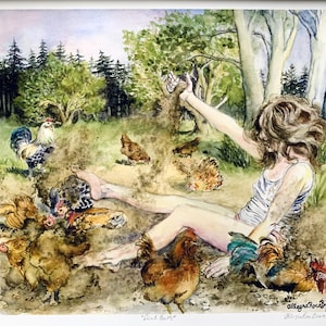 May include: Watercolor painting of a person sitting in dirt surrounded by chickens and roosters. The person is wearing a white tank top and has their arm raised. The painting is signed "Allegra Brown 2016" and titled "Dirt Bath".