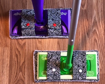 Washable Mop Pads: Black & White Daisy Print, Reusable Sweeper Cover