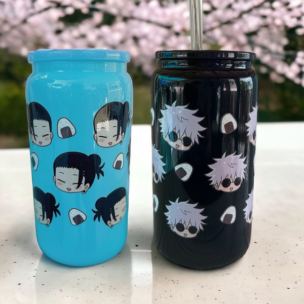 Gojo, Geto Glass Cup  - 16oz. Beer Can Glass w/acrylic lid and glass straw, reusable glass cup, JJK, Japanese anime, manga, Cute Sorcerers