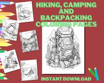 Dibujos para colorear de senderismo y acampada, aventuras al aire libre (descarga digital)