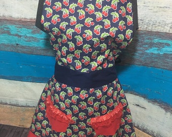 Cherry Vintage Inspired Apron, Vintage, Gray Apron, Vintage Apron, Ruffled Apron,