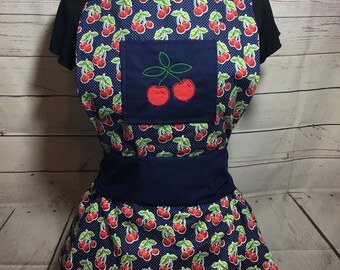 Cherry Vintage Inspired Apron, Vintage, Gray Apron, Vintage Apron, Ruffled Apron,