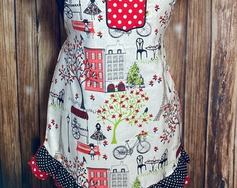 Red Paris Vintage Inspired Apron, Vintage, Gray Apron, Vintage Apron, Ruffled Apron,