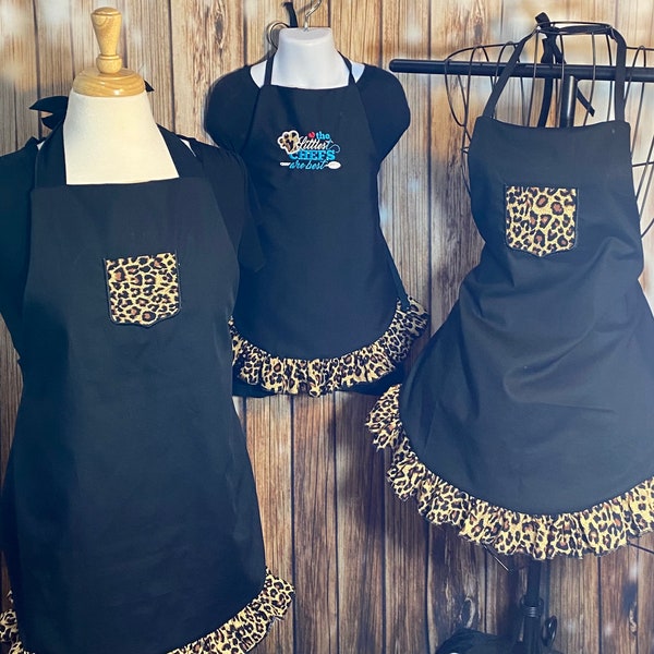 Black and Leopard Print Vintage Inspired Apron, Vintage, Kid & Toddler Apron, Vintage Apron, Ruffled Apron, Leopard Print