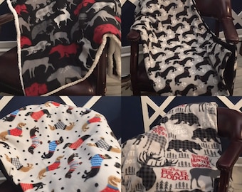 Fleece Throw Blanket, Fleece Blanket, Sherpa Backed Blanket, Deer Throw, Plaid Wildlife Blanket, Dog Blanket