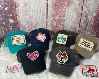 Customized Hat, Hat & Patch, Adult Youth Hat, Pick a Hat and Patch, Ball Cap, Trucker Hat, Women’s Hat, Distressed Hat, personalized hats