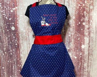 Red & Navy Vintage Inspired Apron, Vintage, Gray Apron, Vintage Apron, Ruffled Apron,