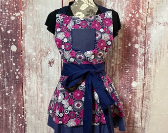 Apron, Pink & Navy Apron, Vintage, Geometric Shapes Apron, Vintage Apron, Ruffled Apron, Blue