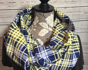 Blue and Yellow Plaid Flannel Infinity Scarf, Winter Scarf, Gift for her, Gray Scarf, Infinity Scarves, Flannel Scarf, Warm Scarf, Scarf