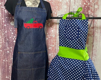 Apron, Denim Apron, Navy & Green Vintage Inspired Apron, Vintage, Vintage Apron, Christmas Apron, Red Truck Apron