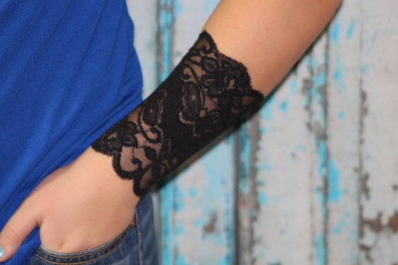 Short Black Lace Wrist Cuffs soft elastic lace tattoo cover