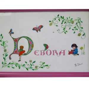 Arte de nombre de imagen de niño personalizado, pintura personalizada, letras del alfabeto de bebé pintado a mano, nombre en inglés o hebreo, hecho a pedido
