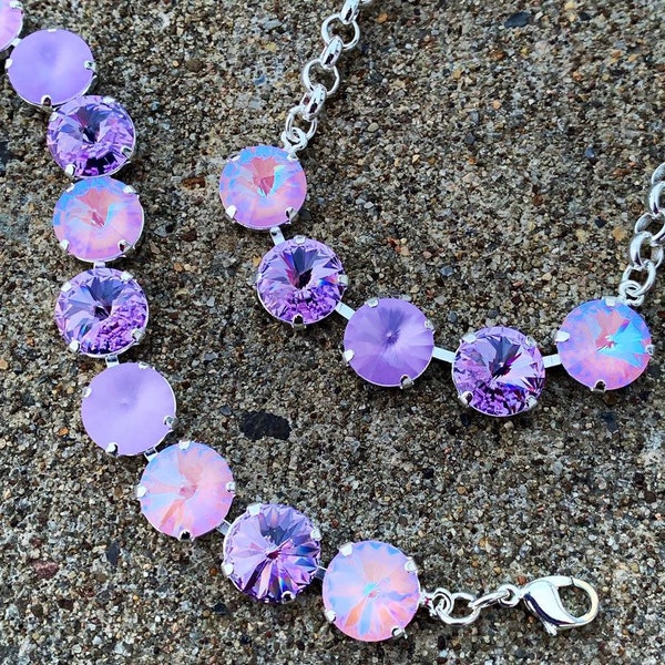 LAVENDER LILY Swarovski crystal 12mm bracelet and necklace in sterling silver with lavender delite, voilet purple, and violet matte
