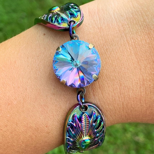 DREAMCATCHER Swarovski crystal rainbow metal bracelet with an 18mm vitrail light purple crystal with magnetic clasp