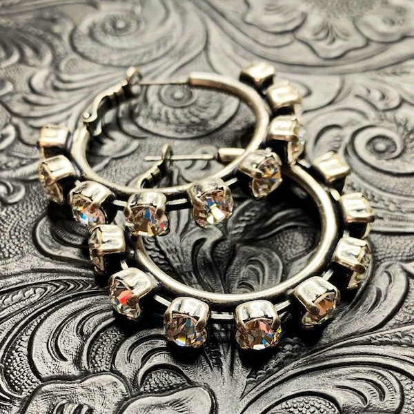 SWAROVSKI HOOPS 6mm antique silver nickel free hoop earrings with clear crystals