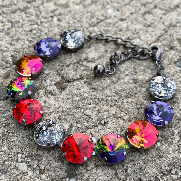 HALLOWEEN QUEEN Swarovski Crystal 12mm bracelet with a variety of Halloween and fall colors in a hematite setting