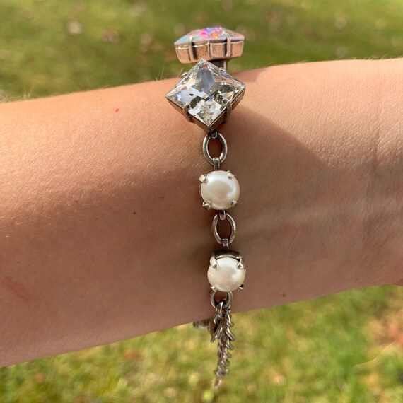 MYSTIC PEARL Swarovski Crystal Bracelet With 12mm Princess Cut Clear and AB Crystals and 8mm White Pearls in Antique Silver Nickel Free Etsy