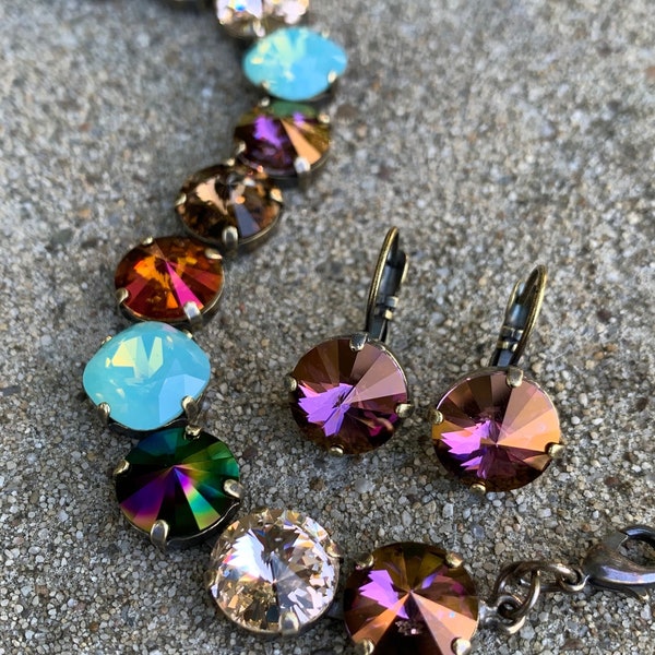 INDIAN SUMMER Swarovski crystal 12mm necklace, bracelet, earrings jewelry set in a brass setting with brown, green,and purple neutral tones